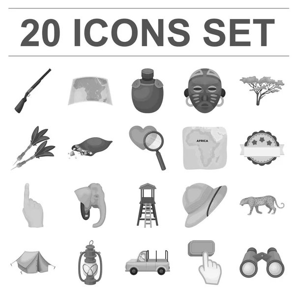 African Safari iconos monocromáticos en la colección de conjuntos para el diseño. Trofeos y equipos para Safari vector símbolo stock web ilustración . — Vector de stock