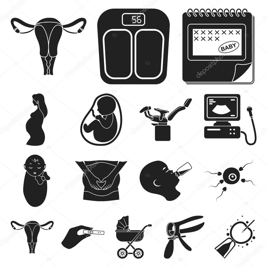 Woman and pregnancy black icons in set collection for design. Gynecology and equipment vector symbol stock  illustration.