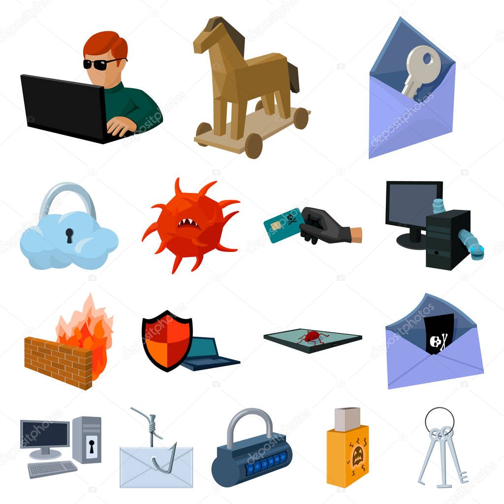 Hacker and hacking cartoon icons in set collection for design. Hacker and equipment vector symbol stock web illustration.