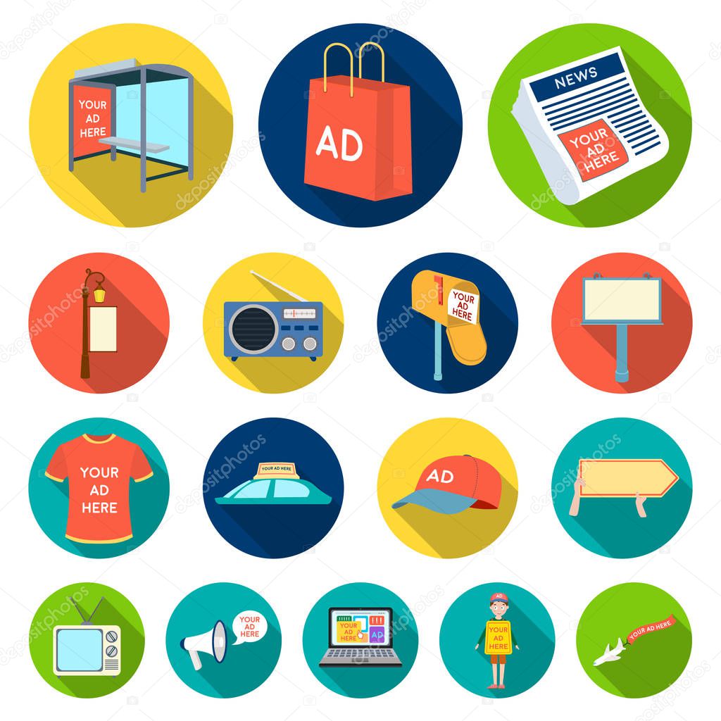 Production of advertising flat icons in set collection for design. Advertising equipment vector symbol stock  illustration.