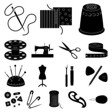 Dikiş, atelier siyah simgeler toplama tasarımı için ayarlayın. Araç kiti vektör simge stok web çizim.