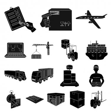 Lojistik ve teslim set koleksiyonu tasarım için simgeler siyah. Taşıtlar ve donatımı izometrik vektör simge stok web çizim.