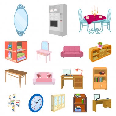 Mobilya ve iç karikatür simgeleri set koleksiyonu tasarım için. Ev mobilyası izometrik sembol stok web illüstrasyon vektör.