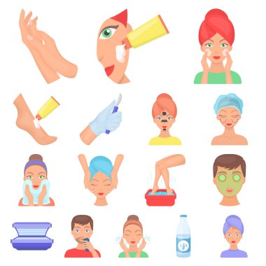 Set koleksiyonu tasarım için cilt bakım karikatür simgeler. Yüz ve vücut sembol stok web illüstrasyon vektör.