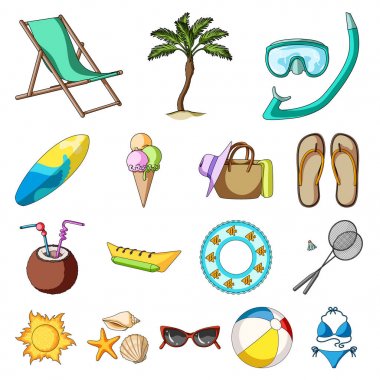 Set koleksiyonu tasarım için yaz dinlenme karikatür simgeler. Beach Aksesuar vektör simge stok web çizimi.