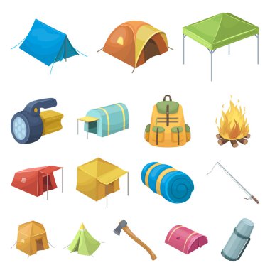 Çadır çeşitleri set koleksiyonu tasarım için simgeleri karikatür. Resimde web geçici barınak ve vektör simge stok konut.