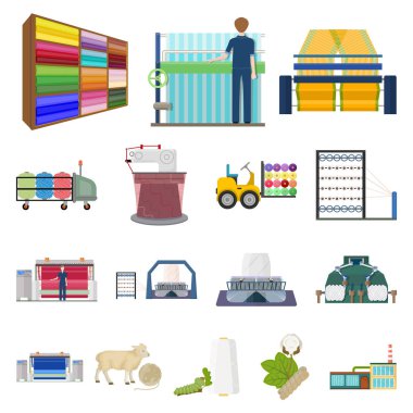 Set koleksiyonu tasarım için Tekstil Sanayi karikatür simgeler. Sembol stok web illüstrasyon vektör Tekstil ekipman ve kumaşlar.