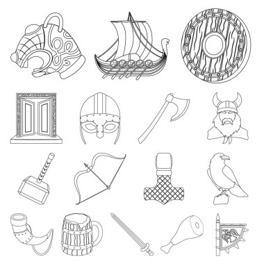 Vikingler ve öznitelikleri set koleksiyonu tasarım için simgeleri anahat. Eski İskandinav savaşçı vektör simge stok web çizimi.