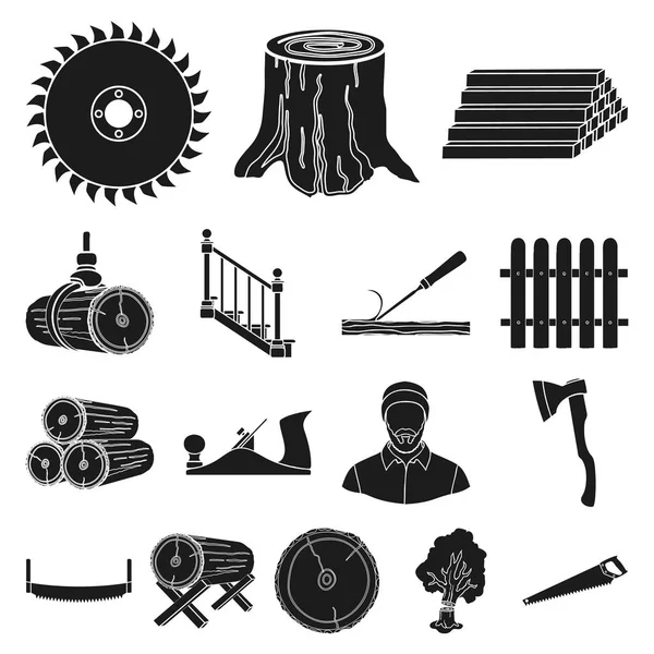 Sawmill and Timber black icons in set collection for design. Hardware and Tools vector symbol stock web illustration. — Stock Vector