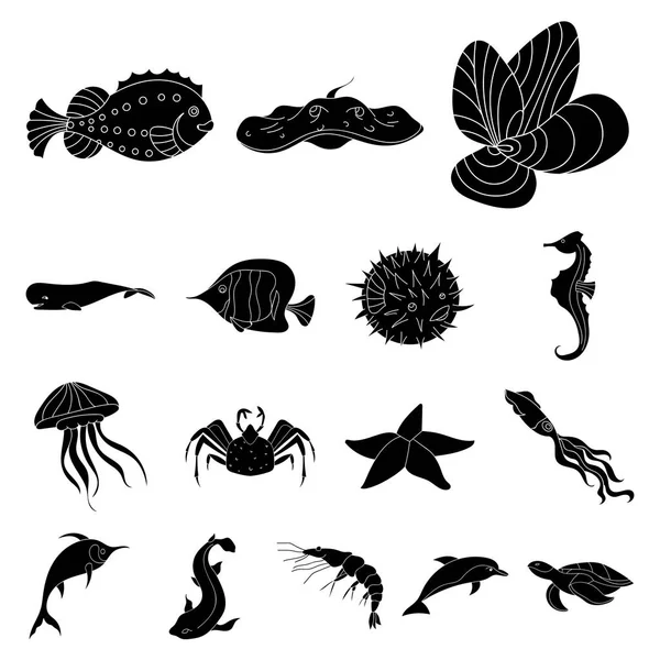 A variety of marine animals black icons in set collection for design. Fish and shellfish vector symbol stock web illustration. — Stock Vector