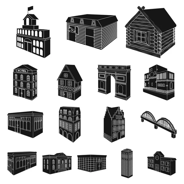 Κτίριο και αρχιτεκτονική μαύρο εικονίδια στη συλλογή σετ για σχεδιασμό. Το κτήριο και την κατοικία εικονογράφηση φορέα ισομετρική σύμβολο μετοχής web. — Διανυσματικό Αρχείο