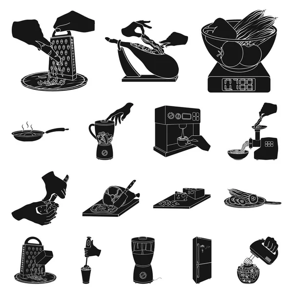 Cozinhar alimentos ícones pretos na coleção de conjuntos para design. Cozinha, equipamentos e ferramentas símbolo vetorial ilustração web . — Vetor de Stock
