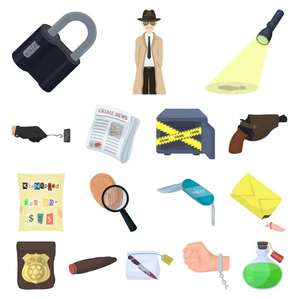 Iconos de dibujos animados de la agencia de detectives en colección de conjuntos para diseño. Crimen e investigación vector símbolo stock web ilustración . — Vector de stock