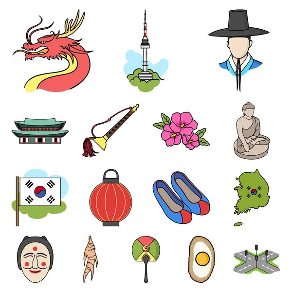 Land Zuid-Korea cartoon pictogrammen in set collectie voor design. Reis- en attractie symbool voorraad web vectorillustratie. — Stockvector