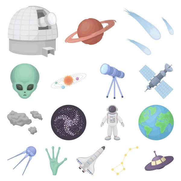 Ícones de desenhos animados de tecnologia espacial na coleção de conjuntos para design.Spacecraft e equipamentos símbolo vetorial ilustração web estoque . —  Vetores de Stock