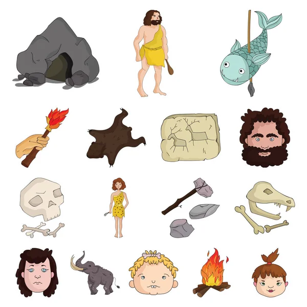 Élet a Stone Age rajzfilm ikonok beállítása gyűjtemény a design. Ősi nép szimbólum állomány honlap illusztráció vektor. — Stock Vector