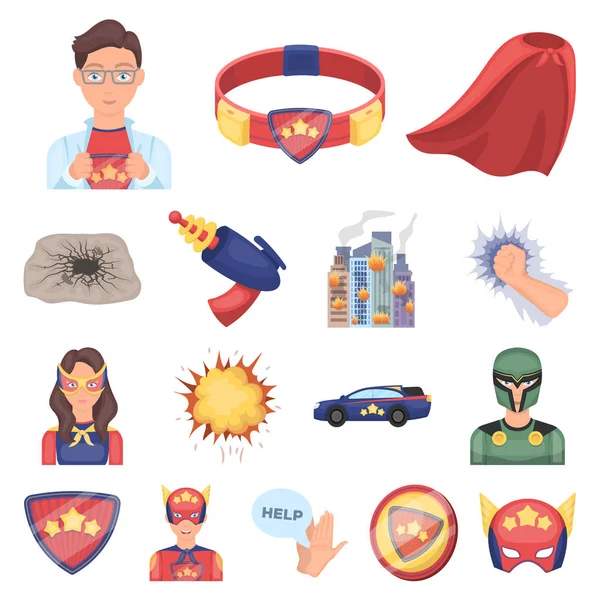 Um fantástico ícones de desenhos animados de super-heróis na coleção de conjuntos para design. Superheros equipamento vetor símbolo web ilustração . — Vetor de Stock