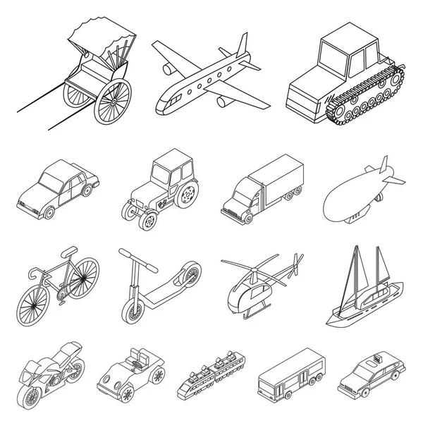 Verschiedene Arten von Transport umreißen Symbole in Set-Kollektion für Design. Auto und Schiff isometrisches Vektor Symbol Stock Web Illustration. — Stockvektor