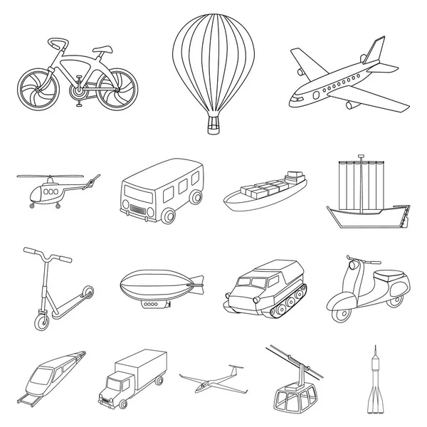 Diferentes tipos de iconos de esquema de transporte en la colección de conjuntos para el diseño. Coche y barco vector símbolo stock web ilustración . — Vector de stock