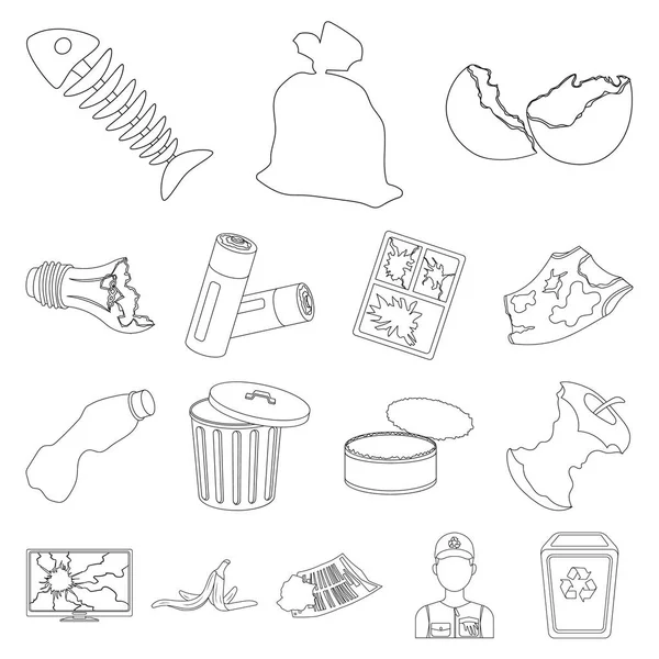 Icone con contorno rifiuti e immondizia nella raccolta dei set per il design. Pulizia vettoriale spazzatura simbolo stock web illustrazione . — Vettoriale Stock