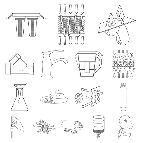 Ícones de contorno do sistema de filtragem de água na coleção de conjuntos para design. Equipamento de limpeza símbolo vetorial ilustração web . — Vetor de Stock