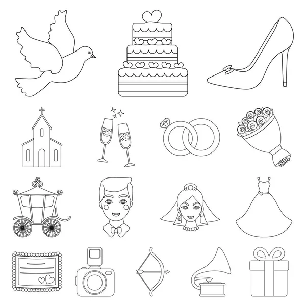 Hochzeit und Attribute umreißen Symbole in Set-Kollektion für Design. Frischvermählte und Accessoires Vektor Symbol Stock Web-Illustration. — Stockvektor