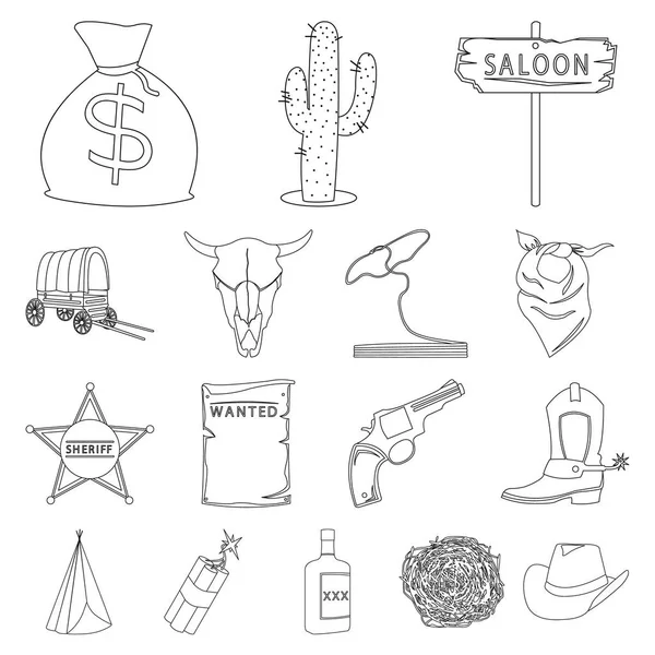 Attribute der Wild-West-Kontur-Symbole in der Set-Kollektion für design.texas und American Vector Symbol Stock Web Illustration. — Stockvektor