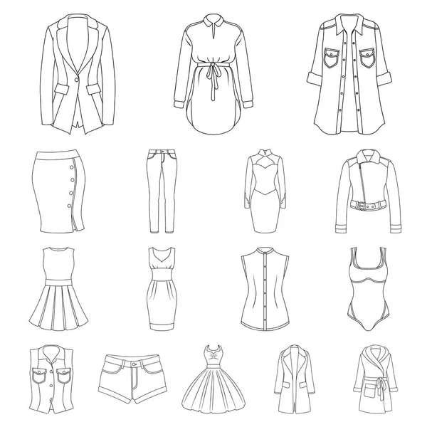 Bayan giyim anahat simgeleri set koleksiyonu tasarım için. Sembol stok web illüstrasyon vektör giyim çeşitleri ve aksesuarlar. — Stok Vektör