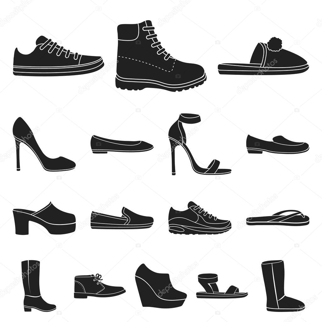 A variety of shoes black icons in set collection for design. Boot, sneakers vector symbol stock  illustration.