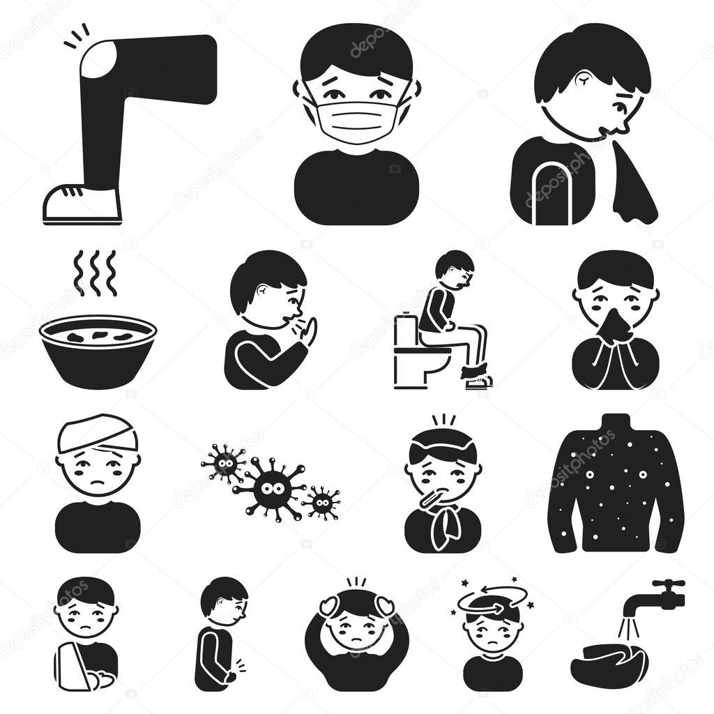 The sick man black icons in set collection for design. Illness and treatment vector symbol stock  illustration.