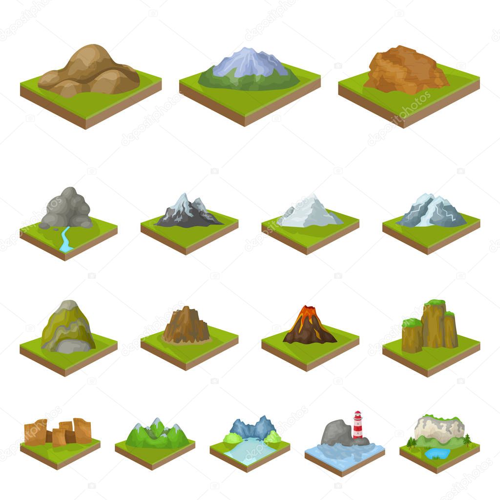 Mountains, massive cartoon icons in set collection for design. The surface of the earth vector isometric symbol stock  illustration.