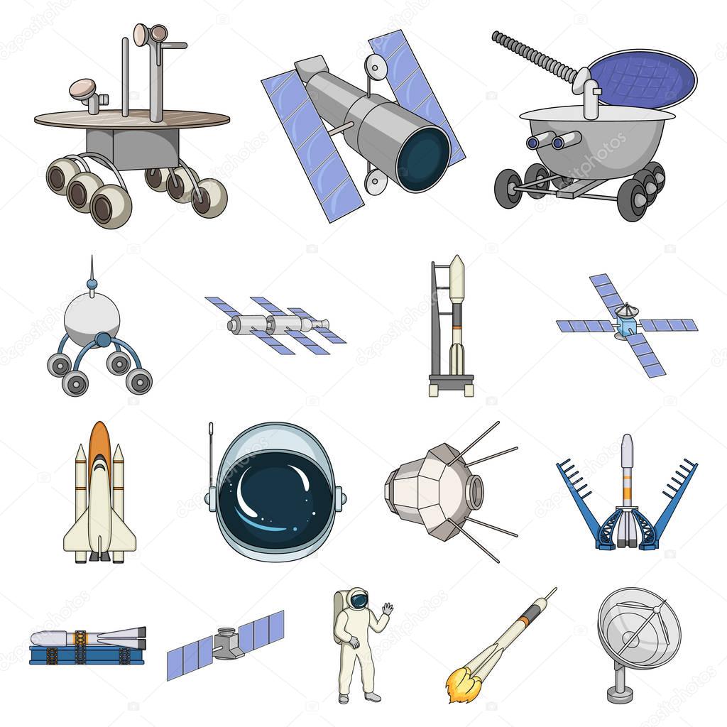 Space technology cartoon icons in set collection for design.Spacecraft and equipment vector symbol stock web illustration.