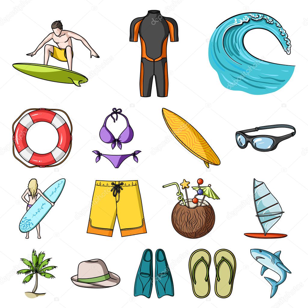 Surfing and extreme cartoon icons in set collection for design. Surfer and accessories vector symbol stock web illustration.