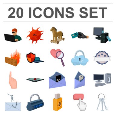 Hacker ve set koleksiyonu tasarım için kesmek çizgi film simgesi. Sembol stok web illüstrasyon vektör hacker ve ekipman.