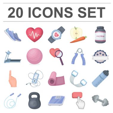 Spor salonu ve eğitim karikatür simgeleri set koleksiyonu tasarım için. Set koleksiyonu tasarım için spor salonu ve ekipmanları simgeleri.