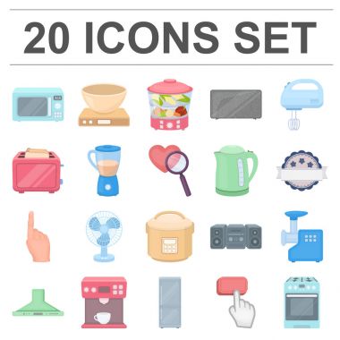 Ev aletleri tür set koleksiyonu tasarım için simgeleri karikatür. Mutfak ekipmanları vektör simge stok web çizim.