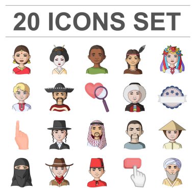 Set koleksiyonu tasarım için insan ırkının karikatür simgeler. İnsanlar ve milliyet sembolü hisse senedi web illüstrasyon vektör.