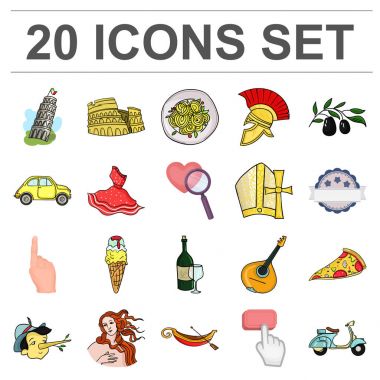 Set koleksiyonu tasarım için ülke İtalya karikatür simgeler. İtalya ve dönüm noktası sembol stok web illüstrasyon vektör.