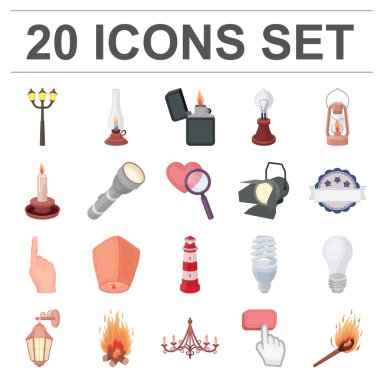 Set koleksiyonu tasarım için ışık kaynağı karikatür simgeler. Işık ve ekipman sembol stok web illüstrasyon vektör.