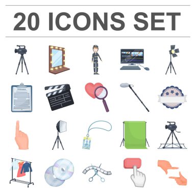 Bir film karikatür simgeleri set koleksiyonu tasarım için yapma. Öznitelikleri ve ekipman sembol stok web illüstrasyon vektör.