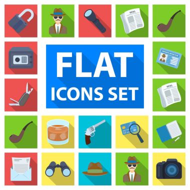 Dedektif ve öznitelikleri set koleksiyonu tasarım için simgeleri düz. Dedektif ajansı vektör simge stok web çizim.