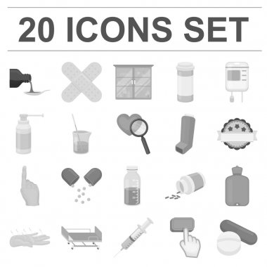 İlaç ve tedavi tek renkli simgeler set koleksiyonu tasarım için. Tıp ve ekipman sembol stok web illüstrasyon vektör.