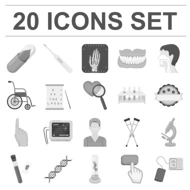 İlaç ve tedavi tek renkli simgeler set koleksiyonu tasarım için. Tıp ve ekipman sembol stok web illüstrasyon vektör.