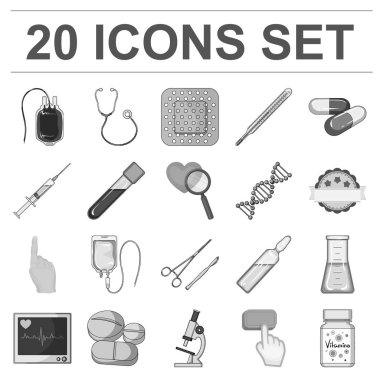 İlaç ve tedavi tek renkli simgeler set koleksiyonu tasarım için. Tıp ve ekipman sembol stok web illüstrasyon vektör.