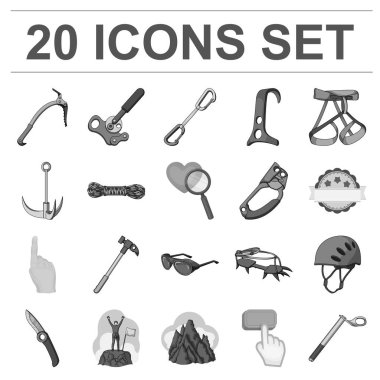 Dağcılık ve set koleksiyonu tasarım için tek renkli simgeler tırmanma. Ekipman ve aksesuarları sembol stok web illüstrasyon vektör.