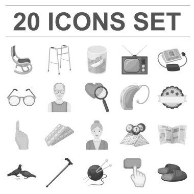 İnsan yaşlılık set koleksiyonu tasarım için tek renkli simgeler. Emekli, hayat vektör simge stok web resimde nokta.