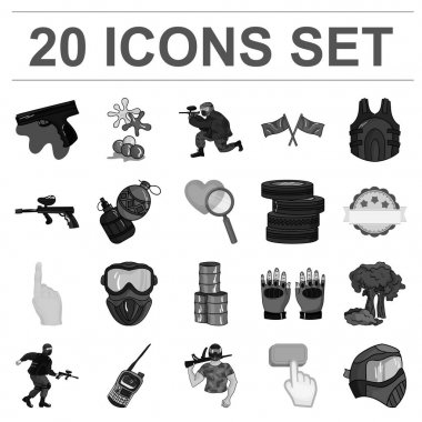 Paintball takım set koleksiyonu tasarım için oyun tek renkli simgeler. Ekipman ve kıyafet sembol stok web illüstrasyon vektör.