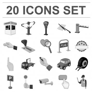 Set koleksiyonu tasarım için arabalar tek renkli simgeler için otopark. Ekipman ve hizmet vektör simgesi web illüstrasyon stok.