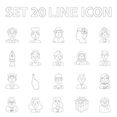 Farklı mesleklerden insanlar set koleksiyonu tasarım için simgeleri anahat. İşçi ve uzman sembol stok web illüstrasyon vektör.