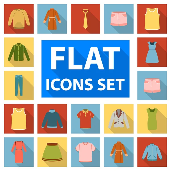 Diferentes tipos de roupas ícones planos na coleção de conjuntos para design. Roupas e estilo vetor símbolo web ilustração . — Vetor de Stock